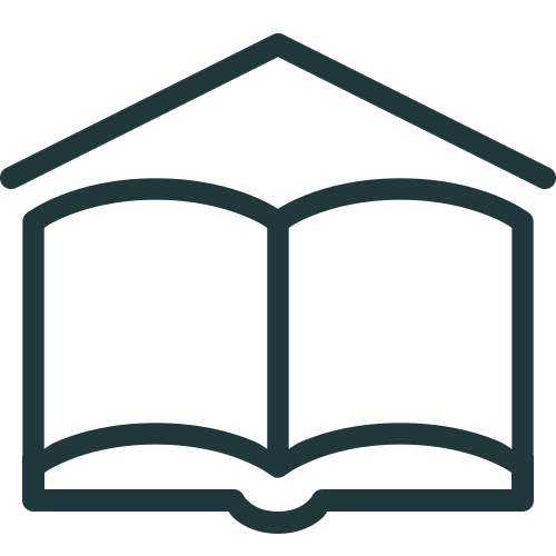 A navy blue book with a roof on top of it symbolizing schools